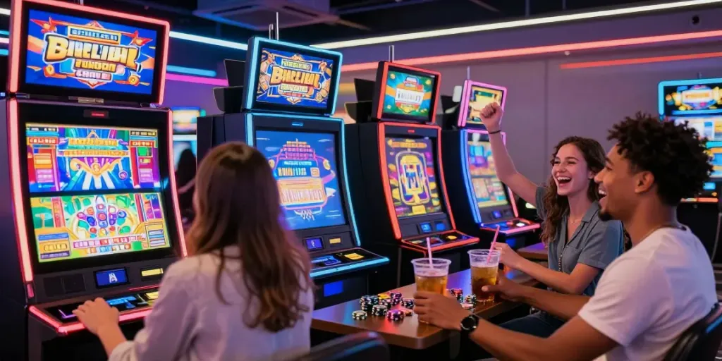 Friends playing slot machines at rokok88 gaming lounge, vibrant and lively atmosphere.