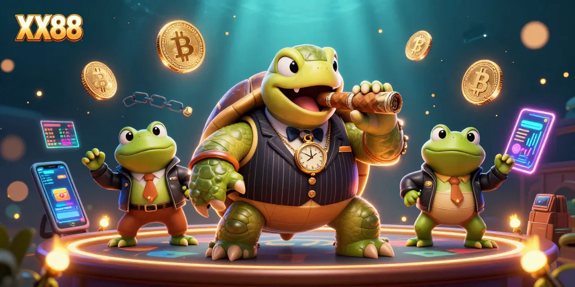 Experience the exciting world of XX88 with a playful illustration of a turtle mobster and frog enforcers amidst casino chaos.